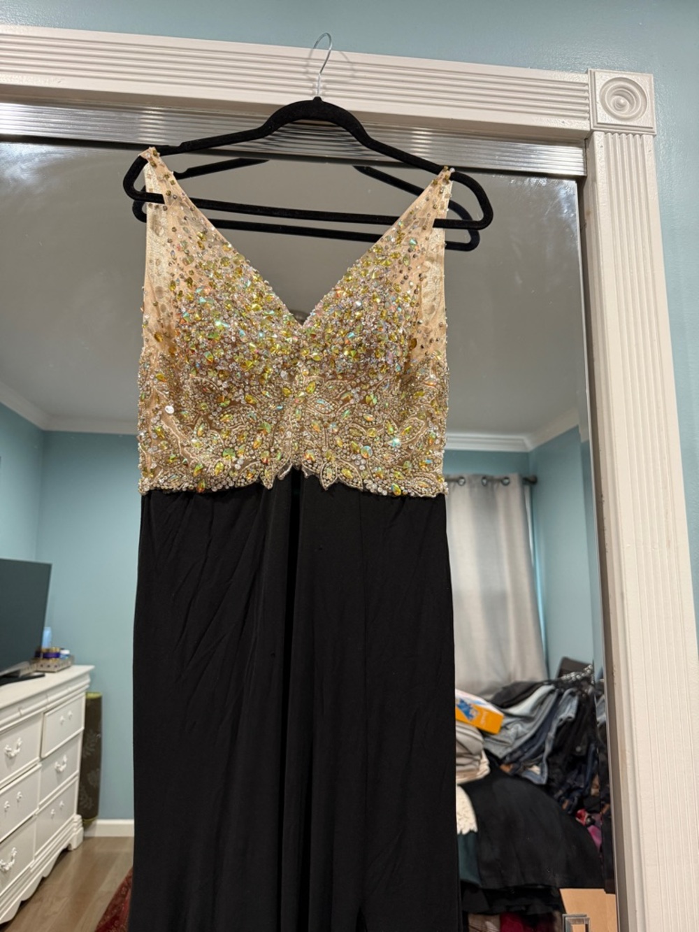 Beaded V-Neck Black Evening Dress with Champagne Sequin Bodice